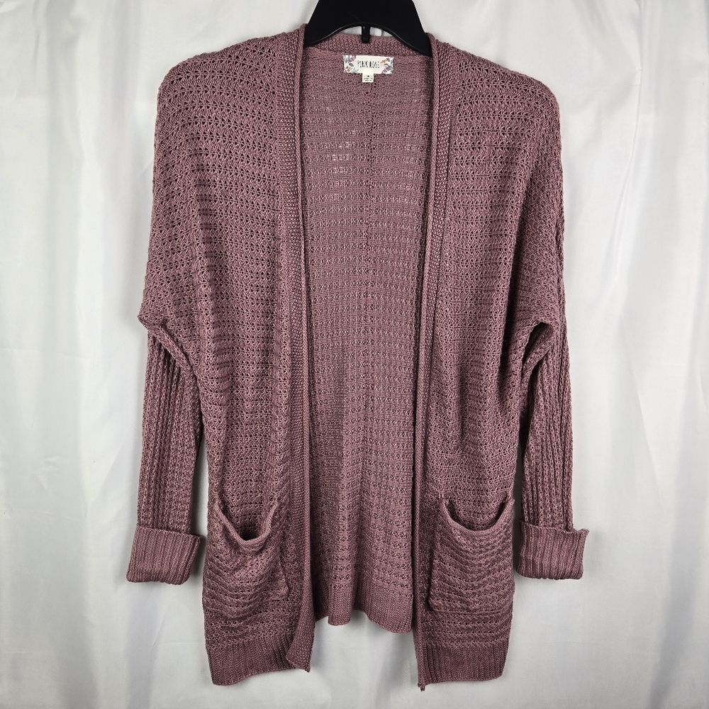 Pink Rose Cuffed Sleeve Open Front Knit Cardigan Sweater w/ Pockets Size Medium